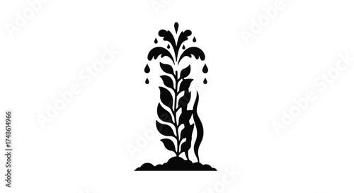 Elegant botanical silhouette of a blossoming plant with water droplets, suggesting growth and vitality.