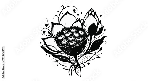 Elegant black and white illustration of a lotus flower with decorative swirls and a seed pod