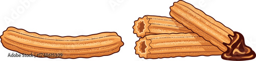 Isolated churros with chocolate sauce on transparent background