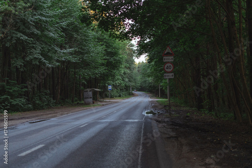 bus stop on the forest road