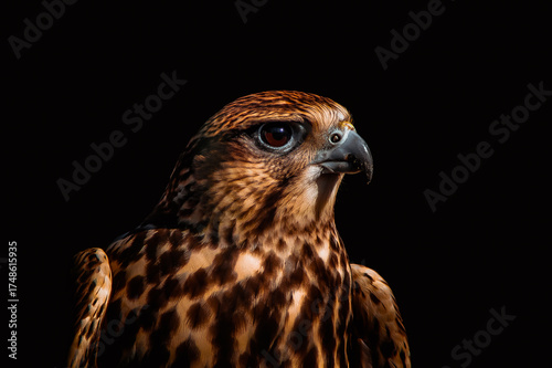 Close-up portrait of a saker falcon (Falco cherrug) on a black background