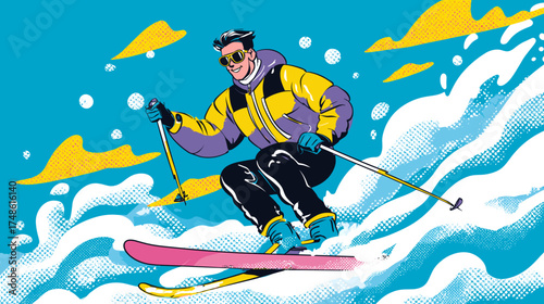 comic man is skiing vector illustration with flat color blocks, simple lines, exaggerated movements, and funny expressions, wearing a down jacket with skis , smiling facial expression. atmosphere full