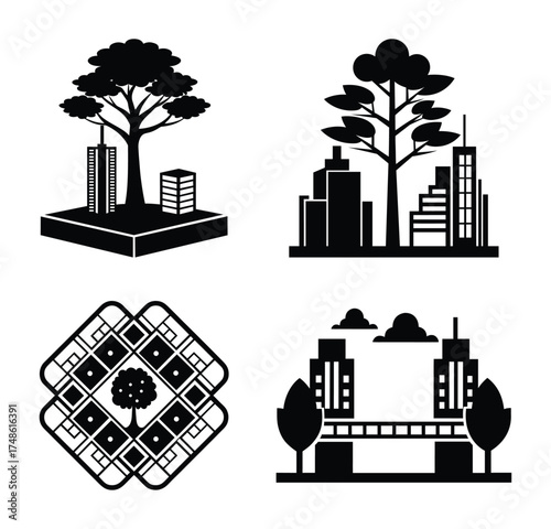 Urban Forest and Cityscape Icons Set for Sustainable City Planning