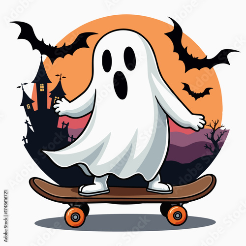 Vector halloween fashion design for children t-shirt. 
Funny ghost on skateboard with bat 
and silhouette of old castle isolated 
on white background. Cartoon print for fabric, clothing for boy, girl.