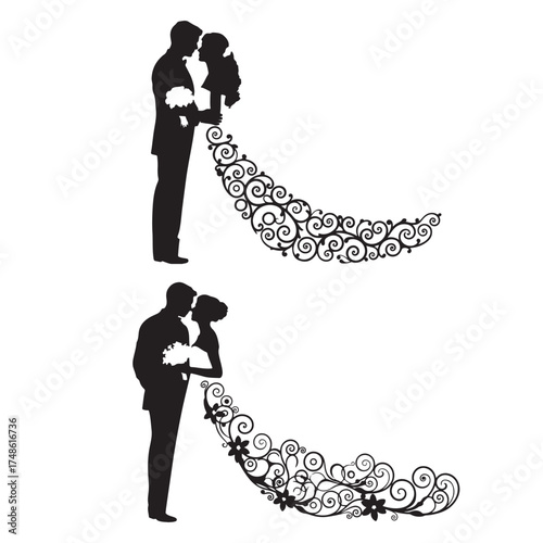 Silhouettes of wedding couples with ornate veils Keywords: wedding, couple, bride, groom