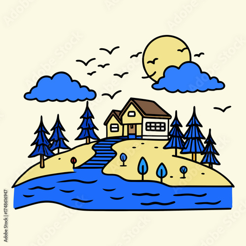 Cartoon house on a hill with trees and sun Keywords: cartoon, house, home, hill, landscape