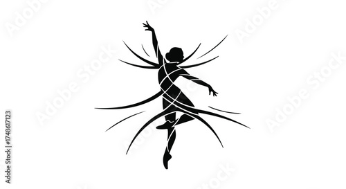 Ballerina dancing with flowing ribbon lines creating a graceful motion silhouette is isolated on a white background for creative performing arts advertising and dance studio event marketing.
