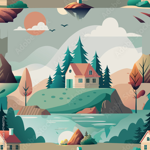 Dreamy landscape with floating islands and houses illustration