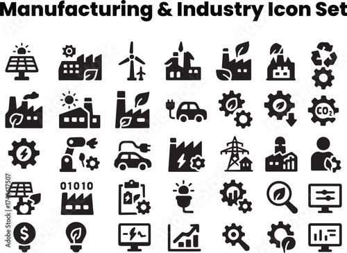 Editable industrial energy management icon set — smart power outline