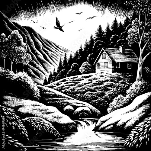 Woodcut style illustration of a cabin by a stream in a mountainous forest