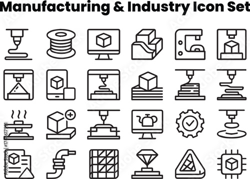 Editable 3D printing icon set — additive manufacturing outline