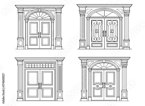 Set of four vector drawings of luxurious double entry door