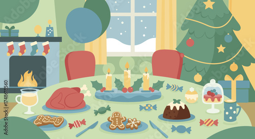 Mexican Christmas food served on a festive table with a decorated tree