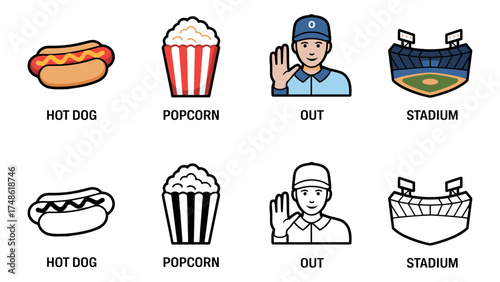 baseball ballpark experience icon set with hot dog, popcorn, umpire and stadium symbols vector illustrations 