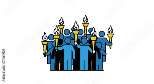 Torchlight procession crowd with raised torches on a transparent background