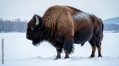 Bison Close-Up in Snowy Prairie: Visible Breath, Cold Light, and Slow Motion