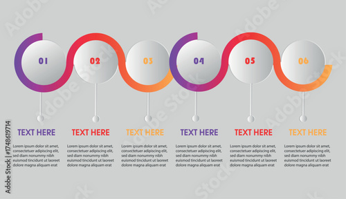 Modern circular infographic with six connected steps and editable text fields for business presentation, workflow process, or data visualization.