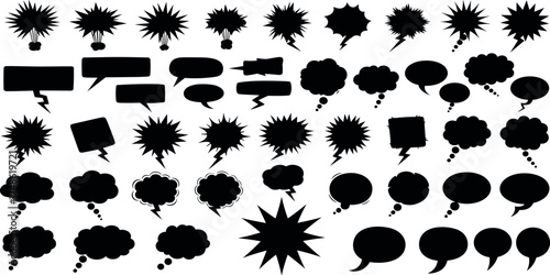 Collection of Black Silhouette Speech Bubbles and Starbursts for Communication and Design Elements