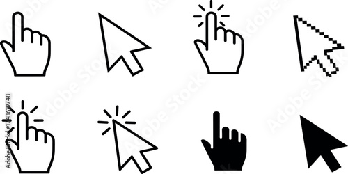 Collection of various computer mouse cursor icons, including arrow and hand pointers with click effects, designed for user interface and web design concepts