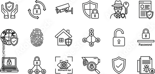 Vector icon set illustrating concepts of cybersecurity, data privacy, network protection, and digital surveillance