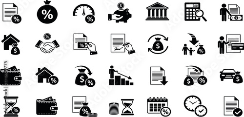 A comprehensive set of black glyph icons representing concepts of finance, banking, loans, credit, and money management