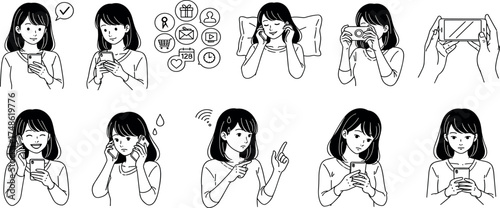 A collection of monochrome line art illustrations showing a young woman using a smartphone, with various facial expressions and poses related to mobile communication