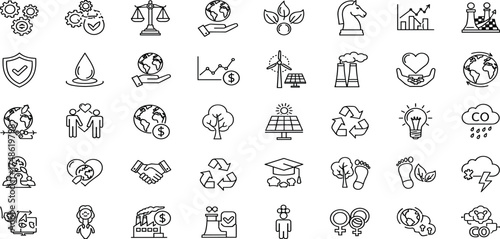 Set of environmental icons representing sustainability, eco-friendliness, and nature conservation efforts