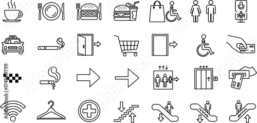 Versatile outline icon set encompassing a wide range of daily life elements from dining and transport to shopping and accessibility symbols, perfect for web and mobile interfaces