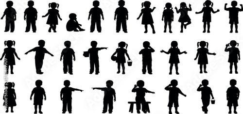 Diverse Collection of Children's Silhouettes Illustrating Various Poses and Playful Activities, Representing Early Childhood and Growth