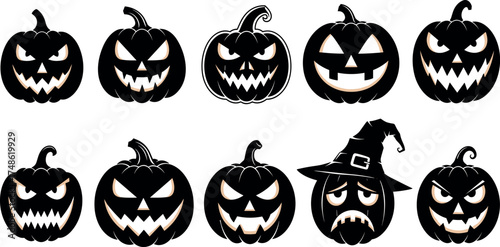 A collection of spooky and scary Halloween jack-o'-lanterns with various carved faces, perfect for holiday decorations and celebrations