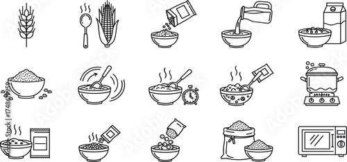 Illustration depicting the process of preparing cereal with a grain of wheat, corn, spoon, bowl, ingredients, and microwave