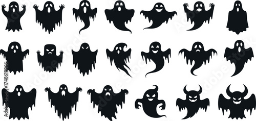 Collection of spooky Halloween ghosts with various expressions and forms