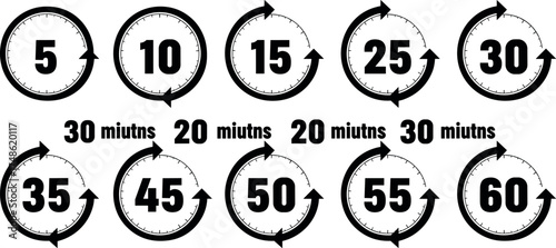 Versatile collection of black and white vector graphic icons representing time intervals and countdowns, featuring various minute increments from 5 to 60 for diverse digital and print design projects