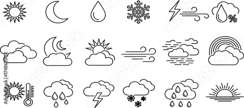 Comprehensive outline icon set for forecasting daily atmospheric changes and natural phenomena, depicting various climate conditions and celestial elements with minimalist graphic design