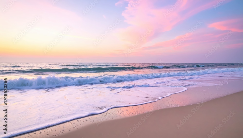 Obraz premium A serene beach scene unfolds during a beautiful sunset, showcasing soft hues of pink, purple, and orange in the sky and ocean waves washing onto the sandy shore, evoking tranquility.