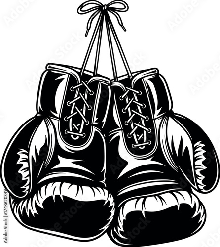 Vector illustration of a pair of boxing gloves hanging from laces, symbolizing combat, training, and athletic competition