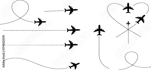 Collection of airplane flight paths and trajectories for travel, aviation, and journey concepts