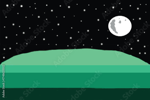 Stylized night landscape with a glowing green hill and full moon