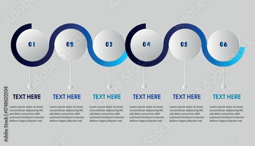 Modern blue circular infographic with six connected steps and editable text fields for business presentation, workflow process, or data visualization.