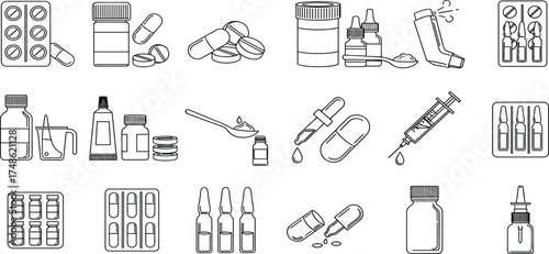 Comprehensive collection of monochrome line art icons showcasing pharmaceutical items, including pills, bottles, syringes, and inhalers, essential for healthcare designs