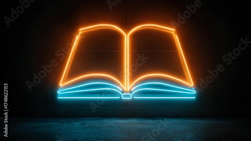 Neon book sign in dark room creates warm atmosphere for reading