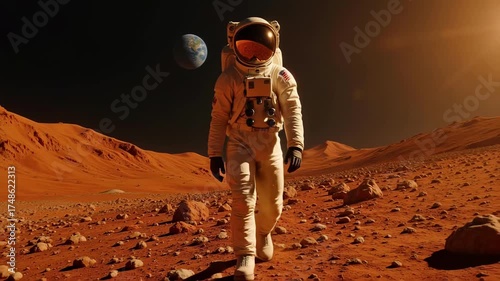 Astronaut Stands on Mars: Distant Earth, Illuminated Suit, Stark Cinematic Solitude and Isolation