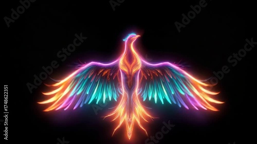 Colorful phoenix rises against dark background in stunning display
