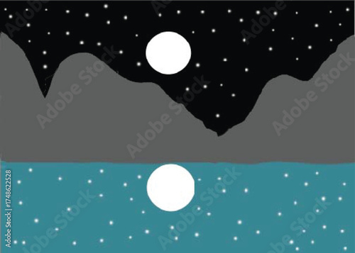 Abstract night sky with moon and stars over stylized mountains and water