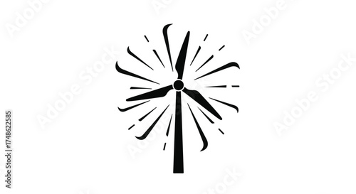 Modern wind turbine generating clean energy with radiating light beams, symbolizing renewable power.