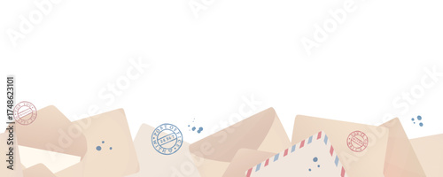 Envelopes, letters, postmarks, and air mail letters seamless border. Post office items with ink blobs in soft retro style. Business correspondence. Vintage mail design in pastel colors.