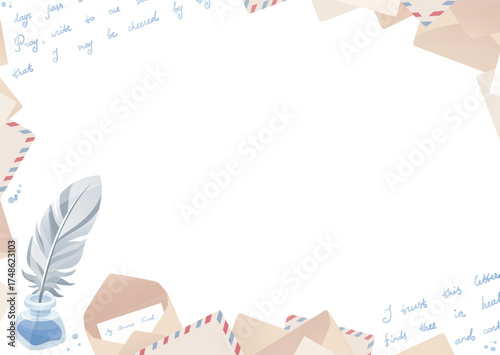 Quill pen and ink, love letters, retro envelopes, postage stamps frame composition. Romantic template for vintage postcard. Handwritten text, nostalgic design. Ideal for greeting cards, invitations.