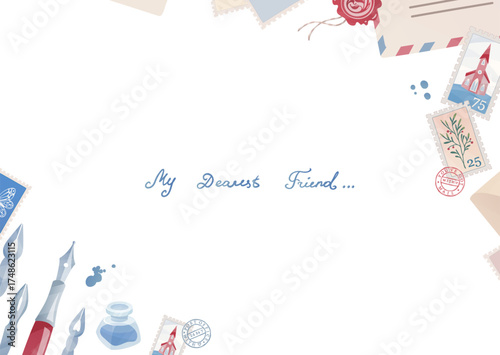 Horizontal frame with writing instruments, letters, envelopes, and postage stamps. Greeting card template with vintage mail items in soft pastel flat style. Ideal for stationery and romantic designs.
