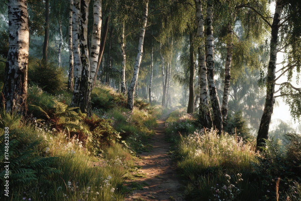 Fototapeta premium Path winds through a birch tree forest with sunlight filtering through the leaves in a serene summer morning