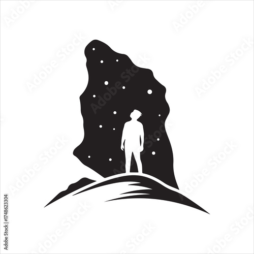 Silhouette man under night starry sky line art, cosmic universe vector illustration